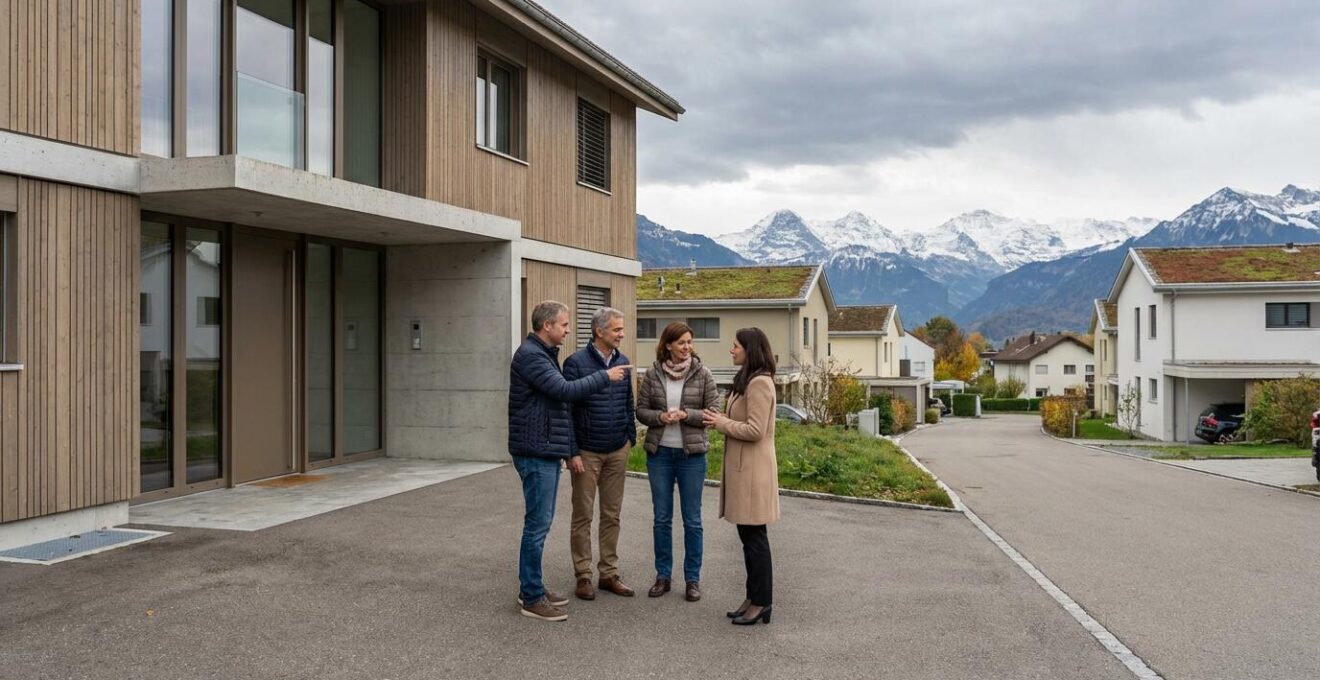 Schweizer Ehepaar vor Einfamilienhaus im Gespräch über Immobilienverkauf