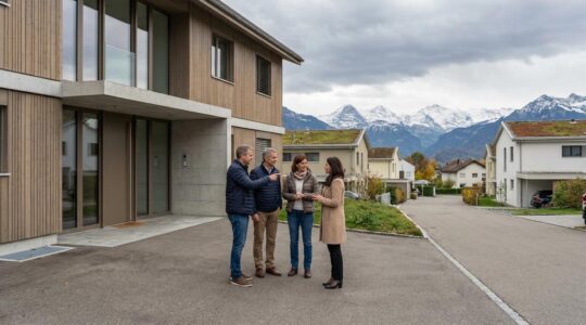 Schweizer Ehepaar vor Einfamilienhaus im Gespräch über Immobilienverkauf