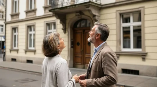 Ehepaar betrachtet Immobilienmakler-Optionen vor typischem Basler Altbau