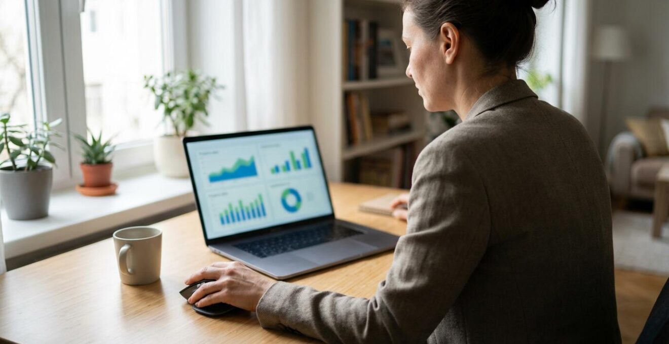 Immobilienberater analysiert Maklertransaktionen am Laptop