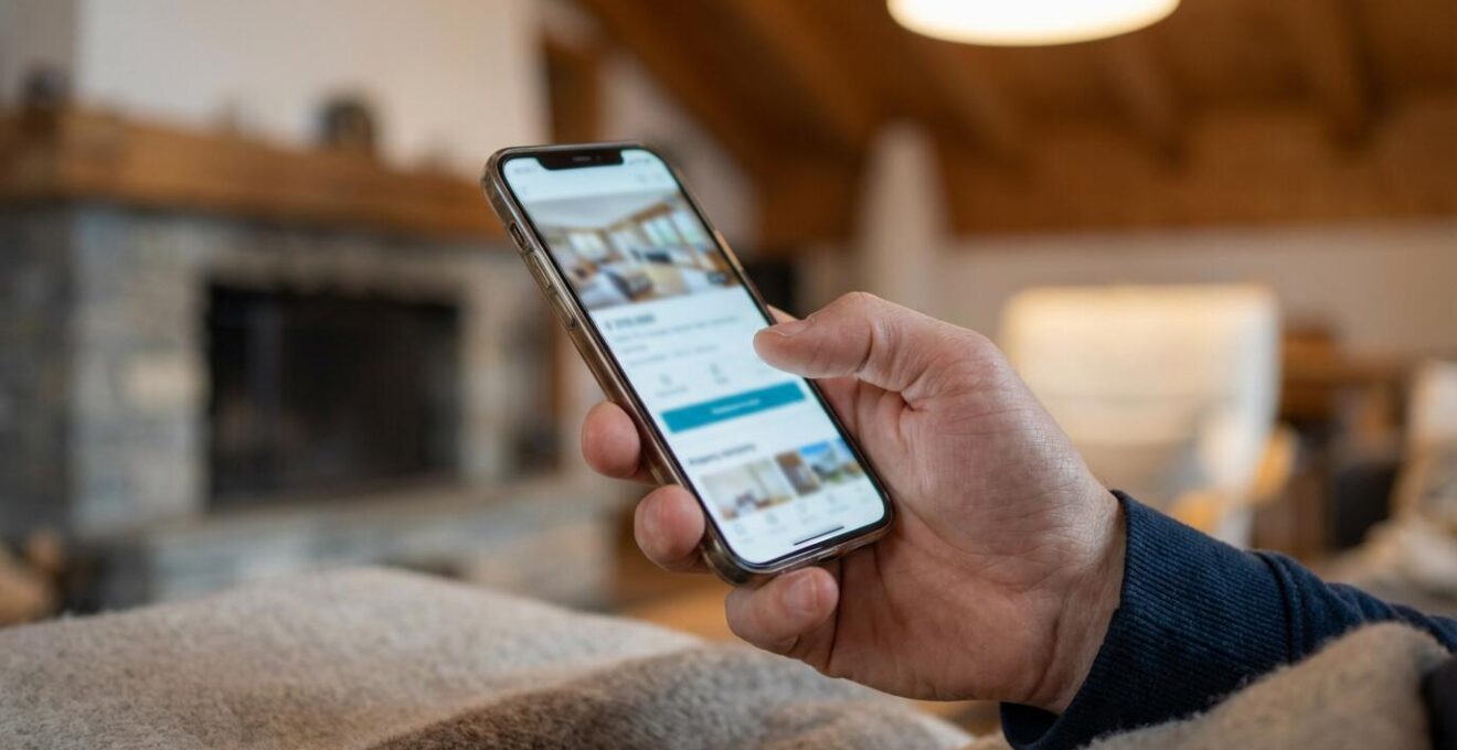 Smartphone mit Immobilienvergleichs-App in Schweizer Wohnzimmer