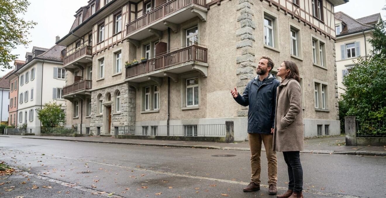 Zwei Personen besprechen Immobilienverkauf vor Schweizer Wohngebäude
