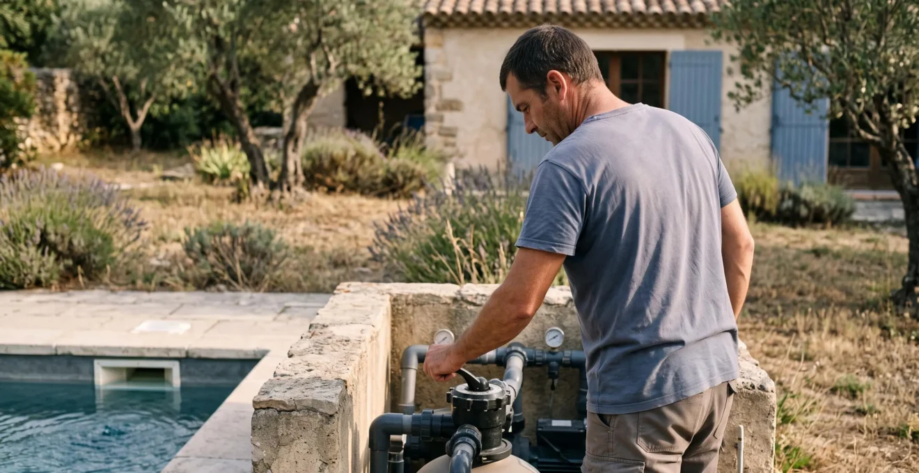 Ein Hausverwalter justiert das Ventil der Filteranlage am Pool einer Villa in der Provence.