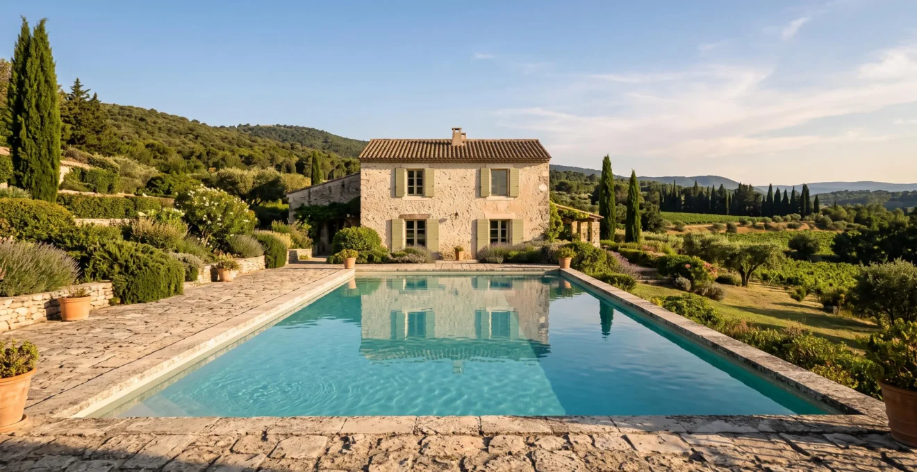 Eine Provenzalische Steinvilla mit Pool und Blick auf die Hügellandschaft der Provence.