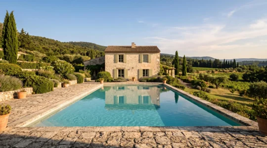 Eine Provenzalische Steinvilla mit Pool und Blick auf die Hügellandschaft der Provence.